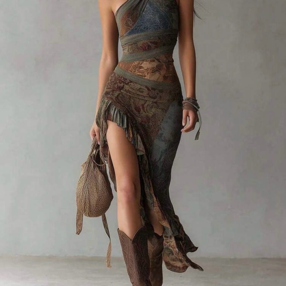 SHEIN One-Shoulder Paisley Maxi Dress in Brown and Olive